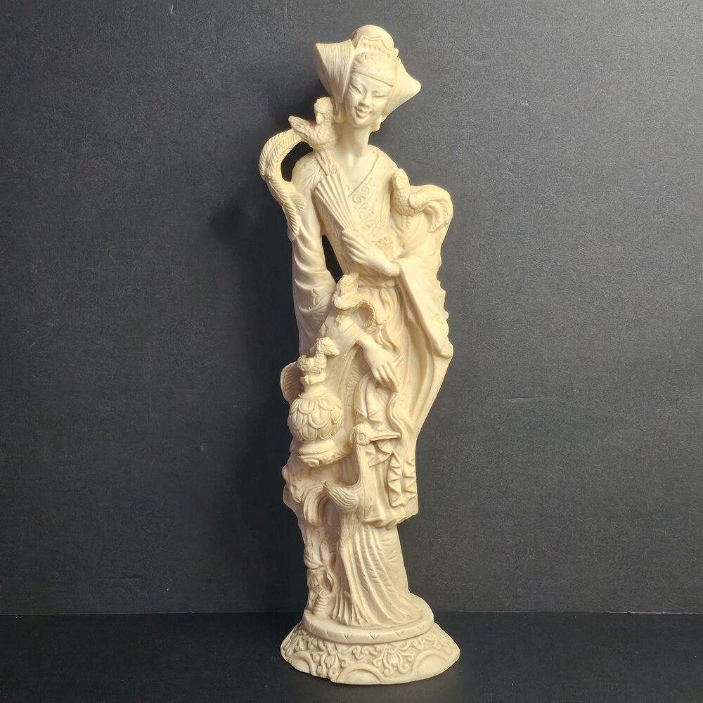 Traditional Asian Woman Bird Statue 14" Made in Mexico Ceramic Figurine